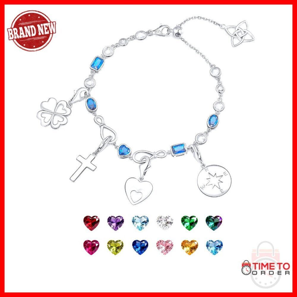 Adjustable Sterling Silver Birthstone Bracelet with Charms, 6-8 Inches
